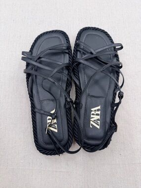 ZARA Black Lace-Up Rope-Trim Flat Sandals
